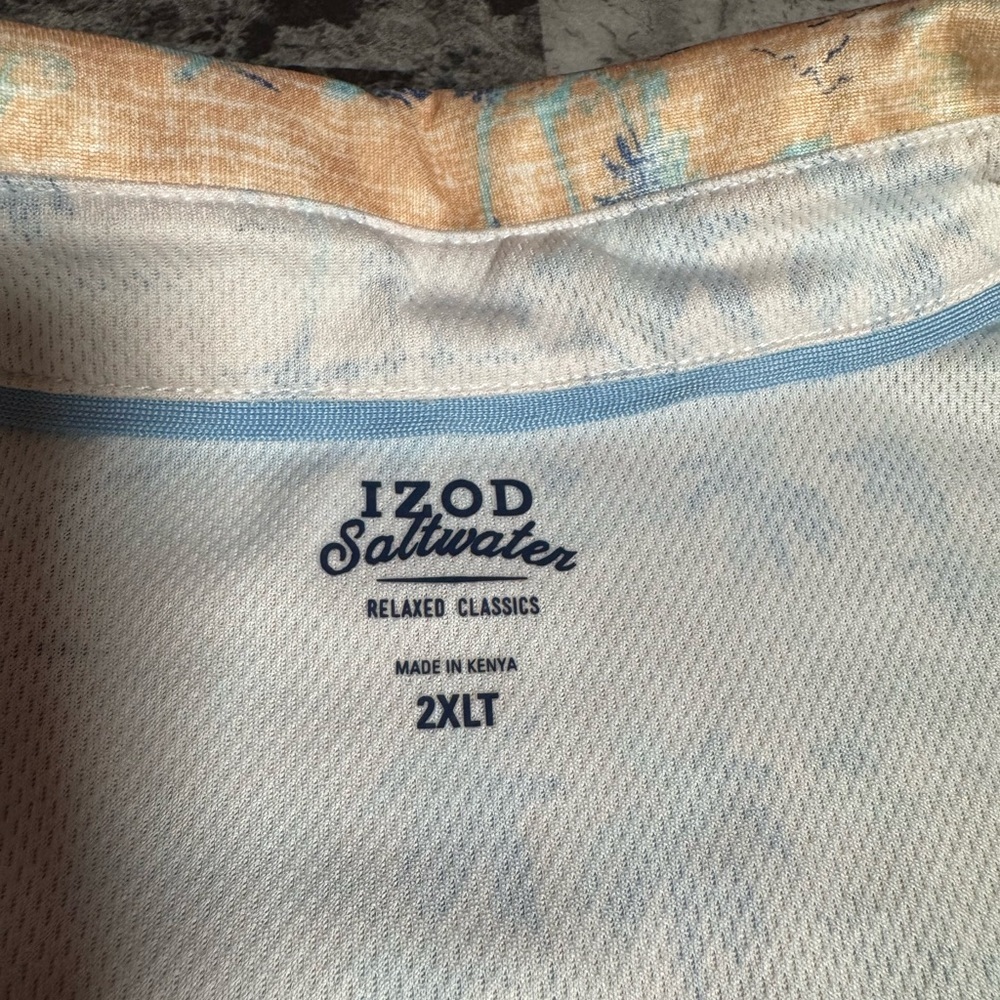 Izod Men's Polo Shirt - Beige and Blue Tropical Print - Picture 2 of 3